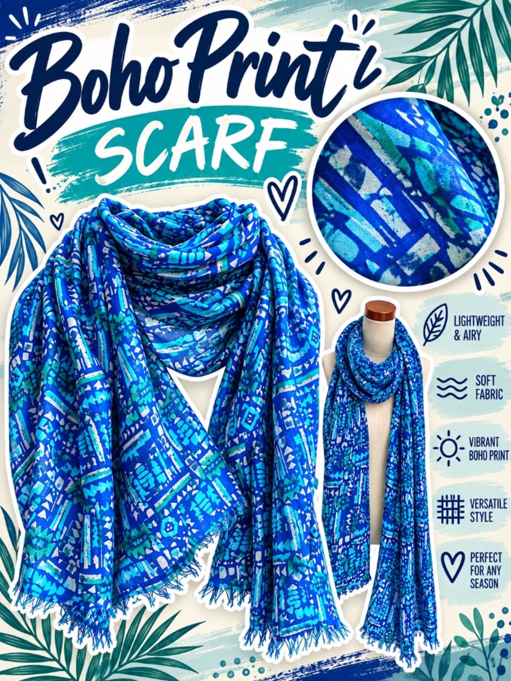 Blue & Turquoise Boho Geometric Lightweight Scarf – Fringed